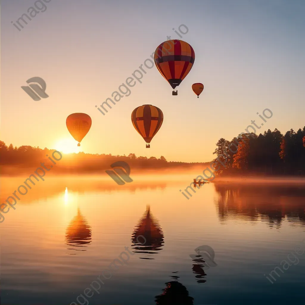 Hot air balloons over a misty lake at sunrise - Image 2