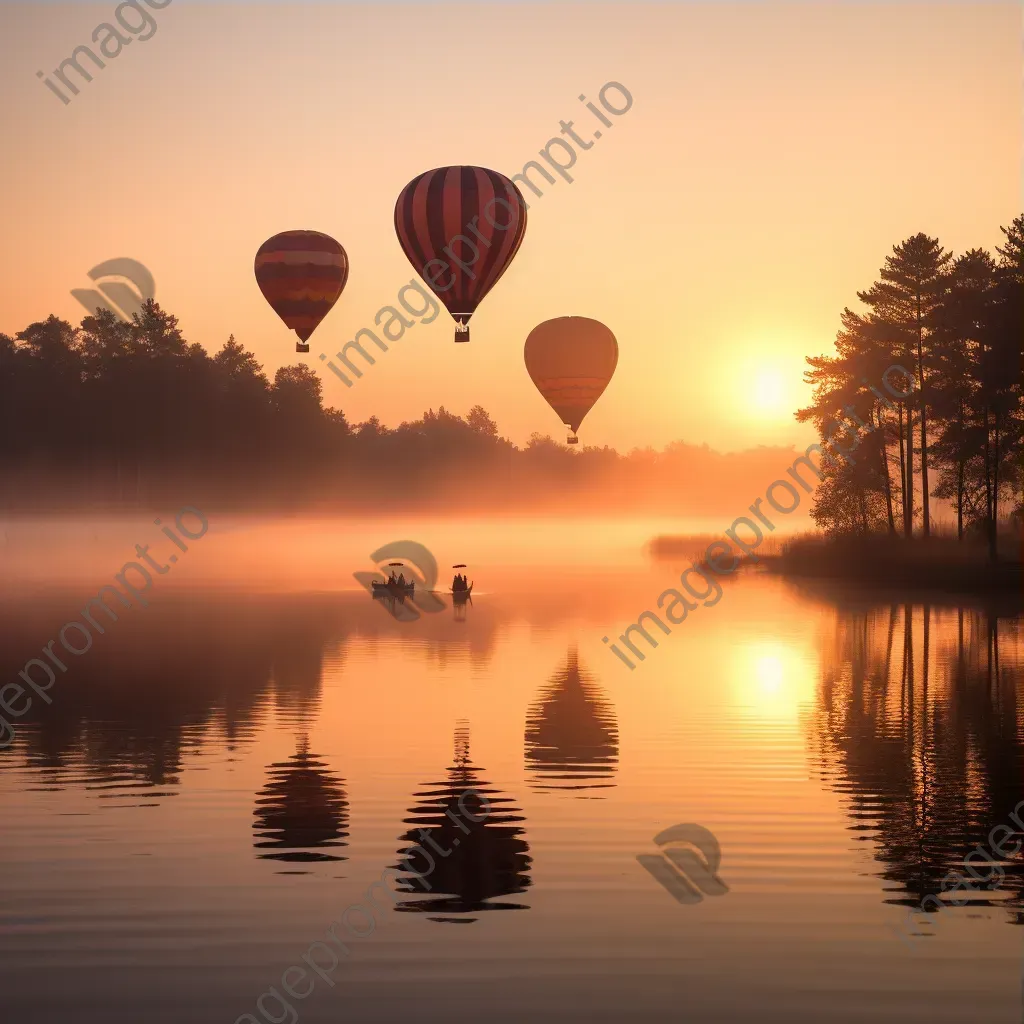 Hot air balloons over a misty lake at sunrise - Image 3