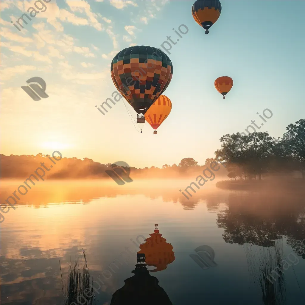 Hot air balloons over a misty lake at sunrise - Image 4