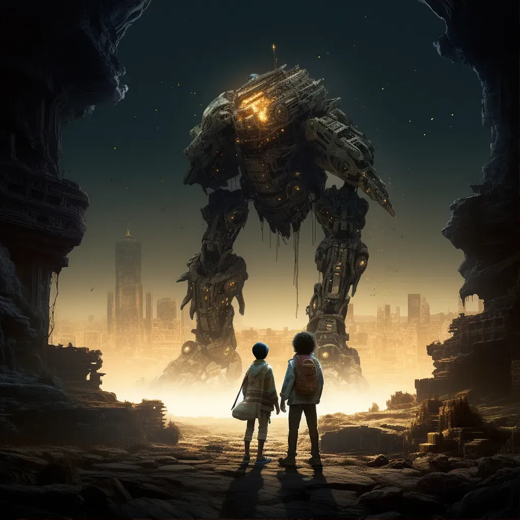 Illustration of a child and a robot exploring ancient alien ruins on a distant world - Image 1