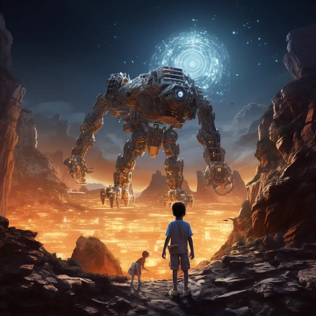 Illustration of a child and a robot exploring ancient alien ruins on a distant world - Image 2