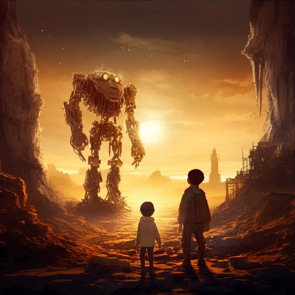 Illustration of a child and a robot exploring ancient alien ruins on a distant world - Image 3