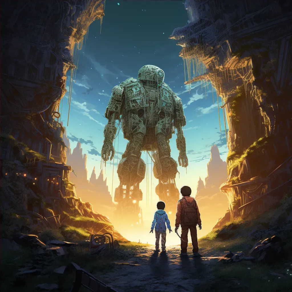 Illustration of a child and a robot exploring ancient alien ruins on a distant world - Image 4