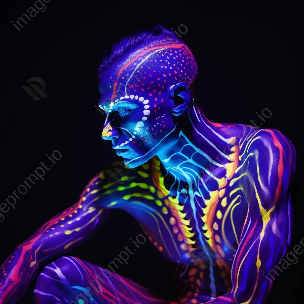 A performer draped in UV sensitive body painting under neon lights - Image 1