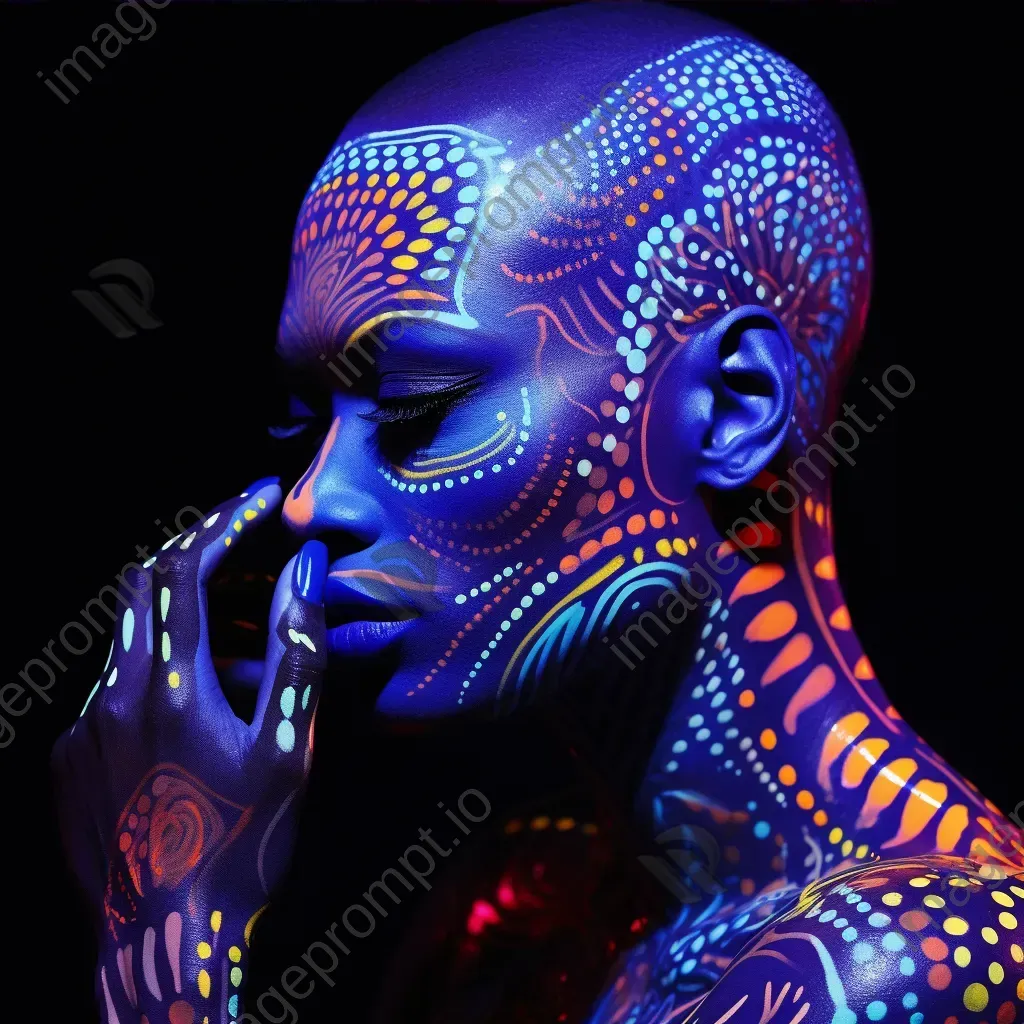 A performer draped in UV sensitive body painting under neon lights - Image 3