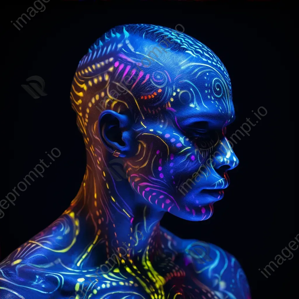 A performer draped in UV sensitive body painting under neon lights - Image 4