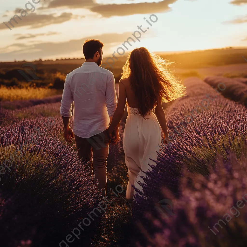 Couple walking hand in hand in lavender fields. - Image 1