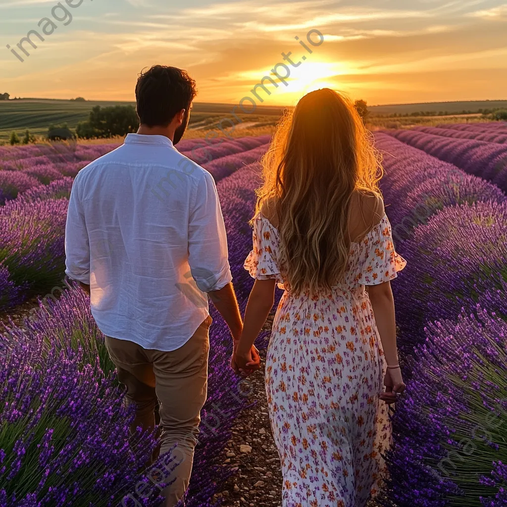 Couple walking hand in hand in lavender fields. - Image 2