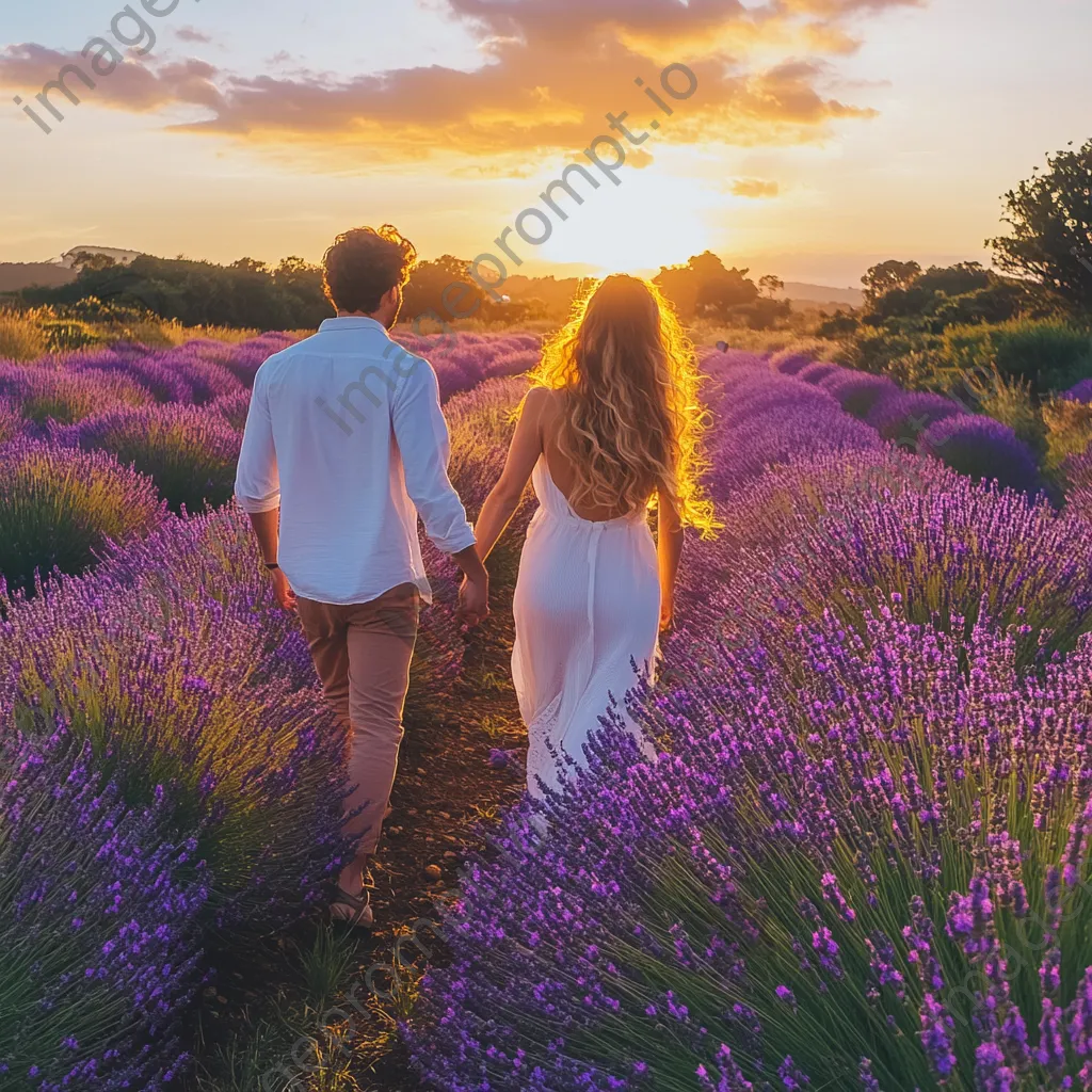 Couple walking hand in hand in lavender fields. - Image 3