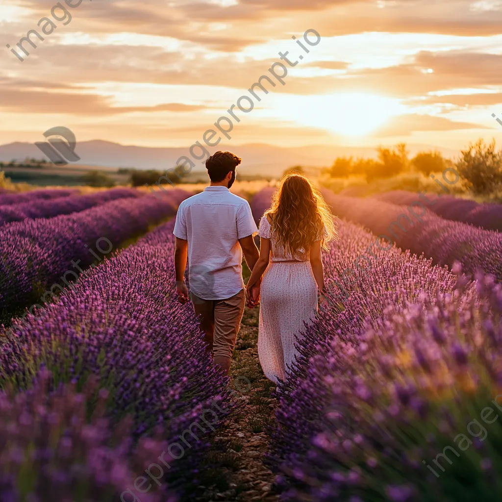 Couple walking hand in hand in lavender fields. - Image 4