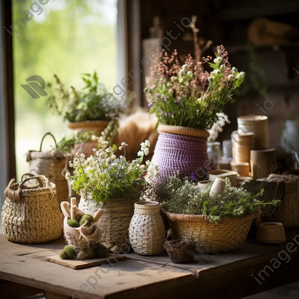 Arrangement of handmade hedgerow crafts on wooden table - Image 2