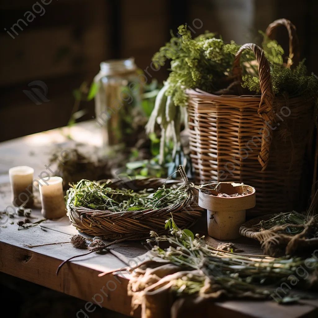 Arrangement of handmade hedgerow crafts on wooden table - Image 3