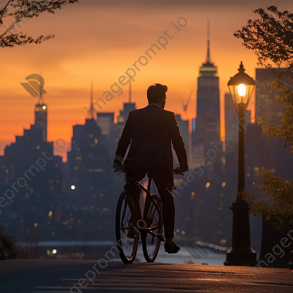 Office worker biking home during sunset with city skyline - Image 1