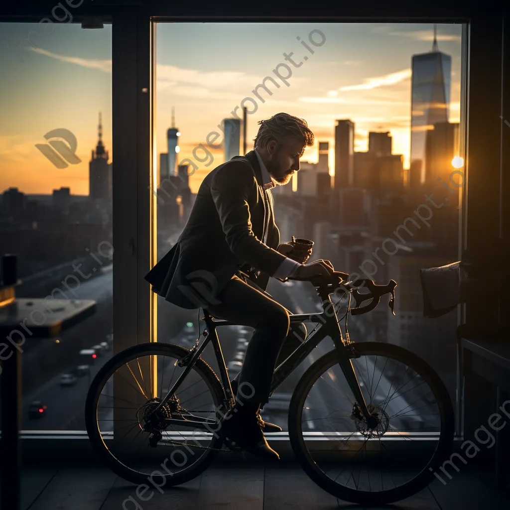 Office worker biking home during sunset with city skyline - Image 2