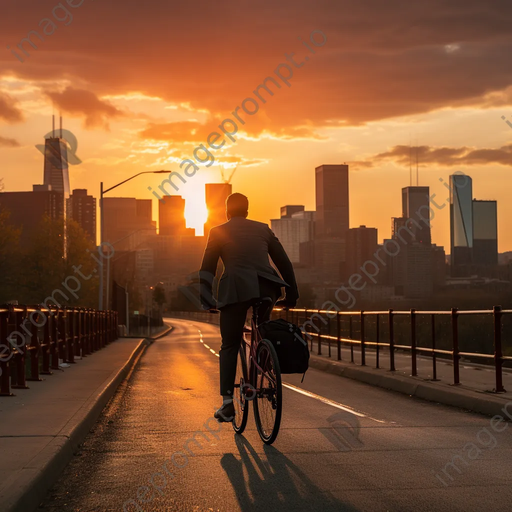 Office worker biking home during sunset with city skyline - Image 4