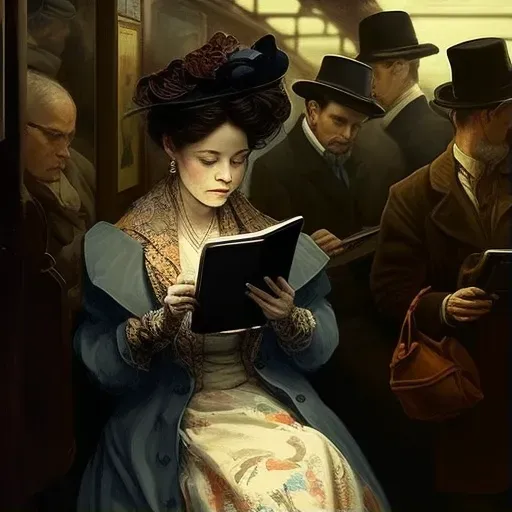 Illustration of a woman reading an e-book on a tablet in a crowded subway - Image 1