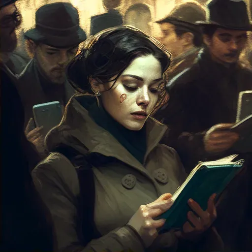 Illustration of a woman reading an e-book on a tablet in a crowded subway - Image 2