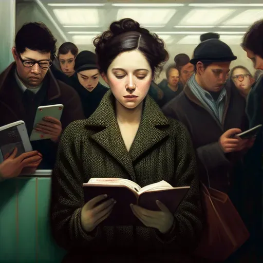 Illustration of a woman reading an e-book on a tablet in a crowded subway - Image 3