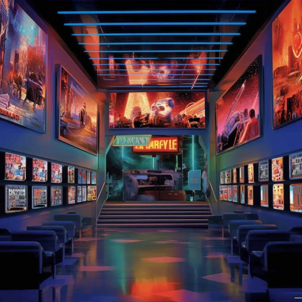 Image of a retro-style movie theater with holographic movie posters in a futuristic setting - Image 1