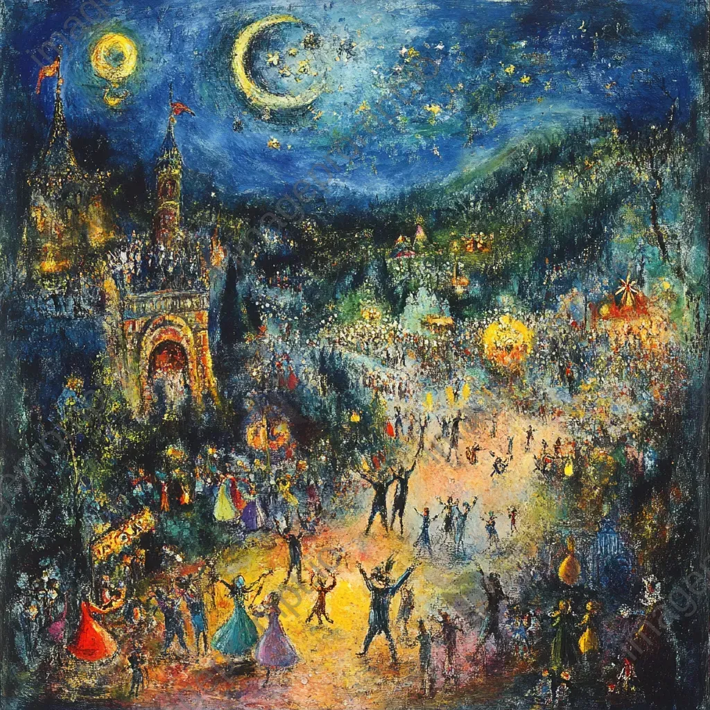 Vibrant depiction of a bustling fairy carnival at twilight - Image 1