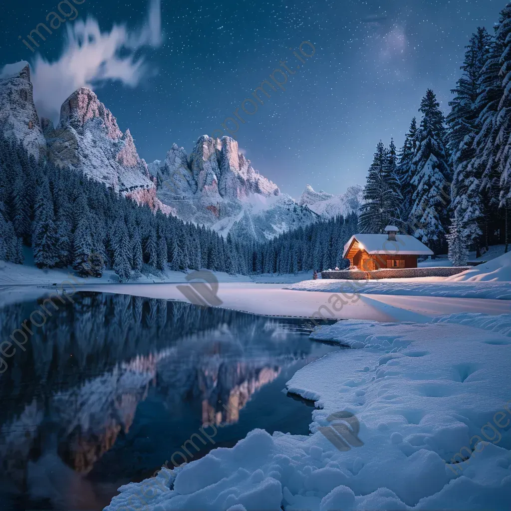 Winter wonderland with snow-covered pine trees and frozen lake - Image 1