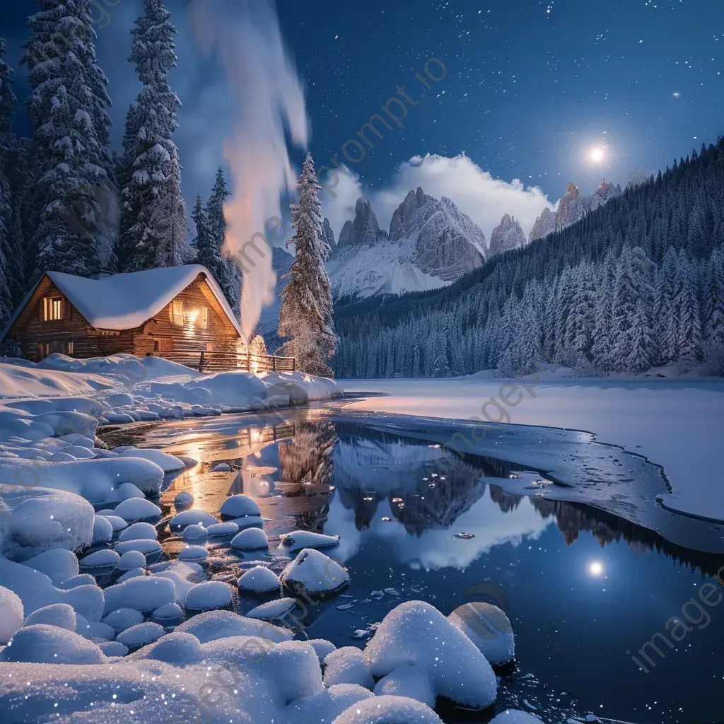 Winter wonderland with snow-covered pine trees and frozen lake - Image 2