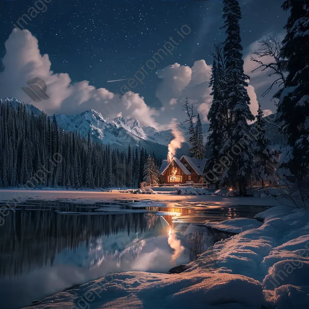 Winter wonderland with snow-covered pine trees and frozen lake - Image 4