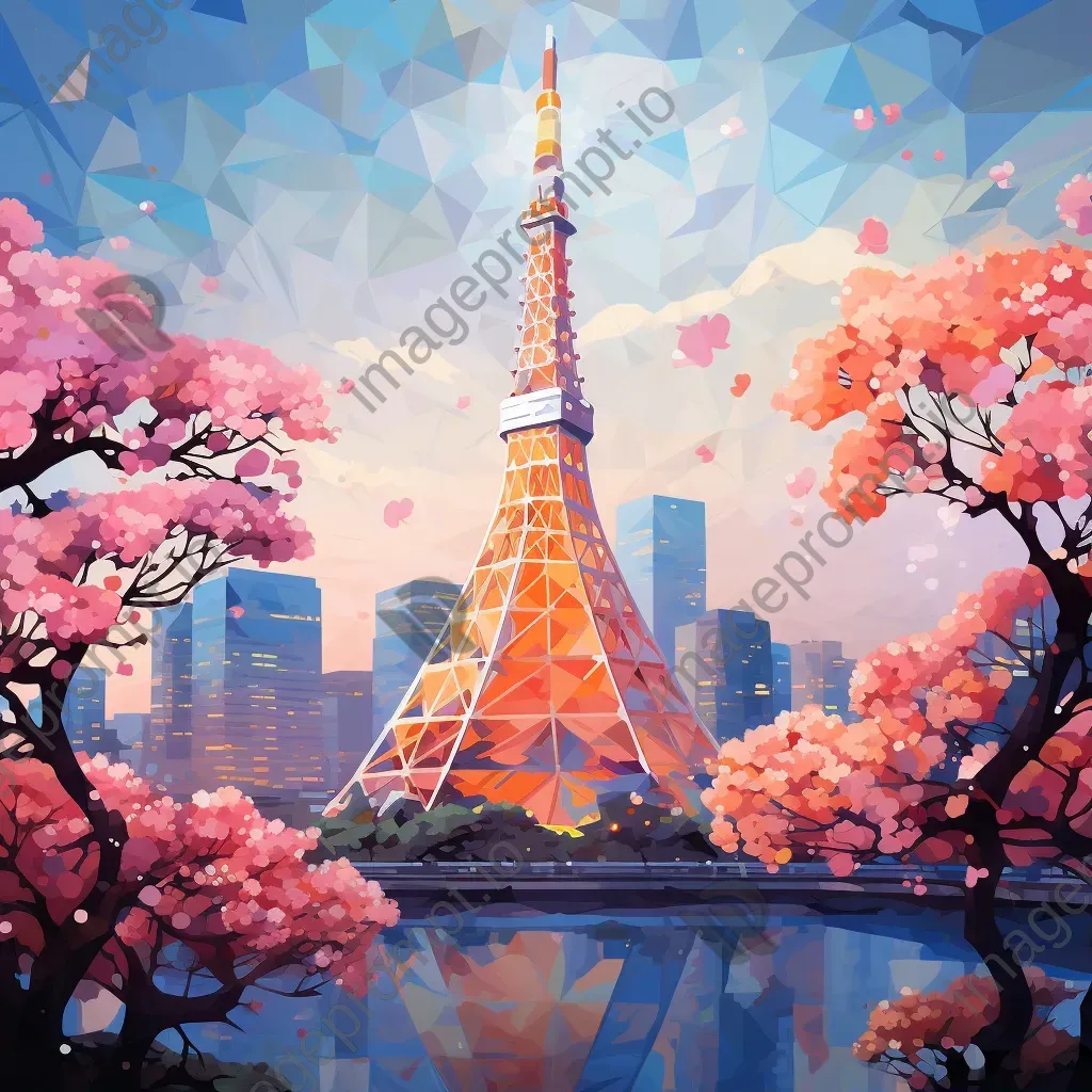 Artistic low poly depiction of Tokyo Tower surrounded by cherry blossoms - Image 1