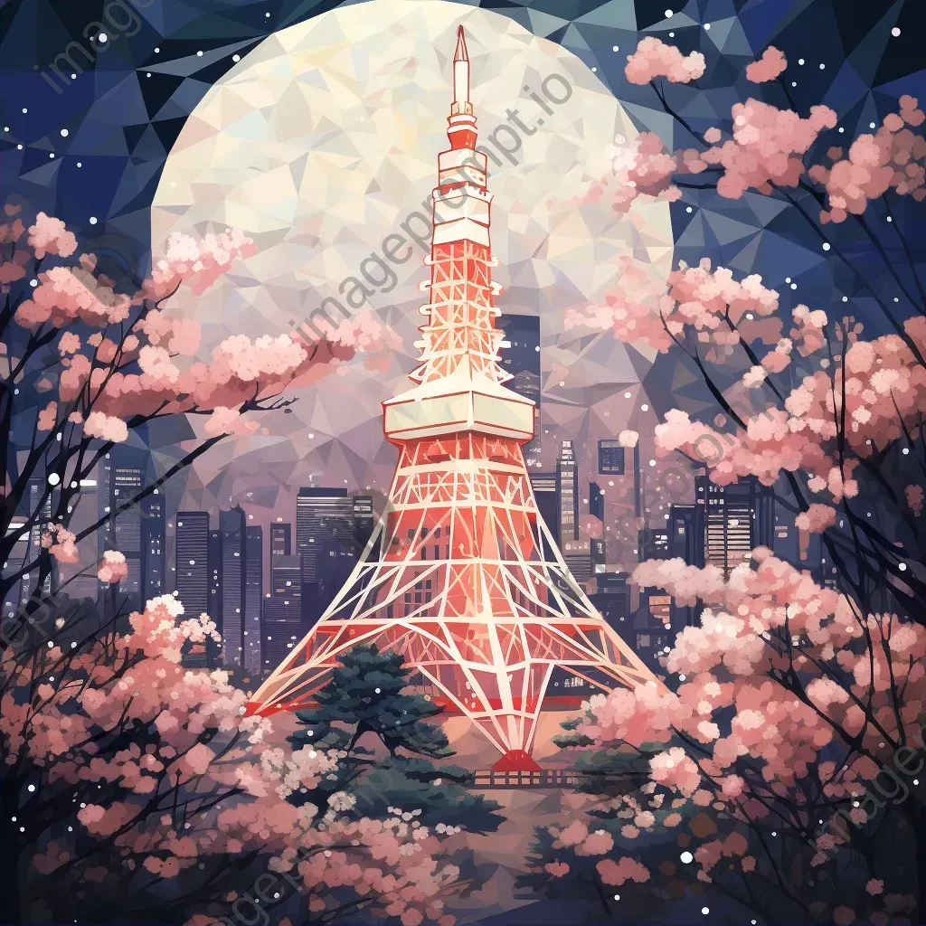 Artistic low poly depiction of Tokyo Tower surrounded by cherry blossoms - Image 2