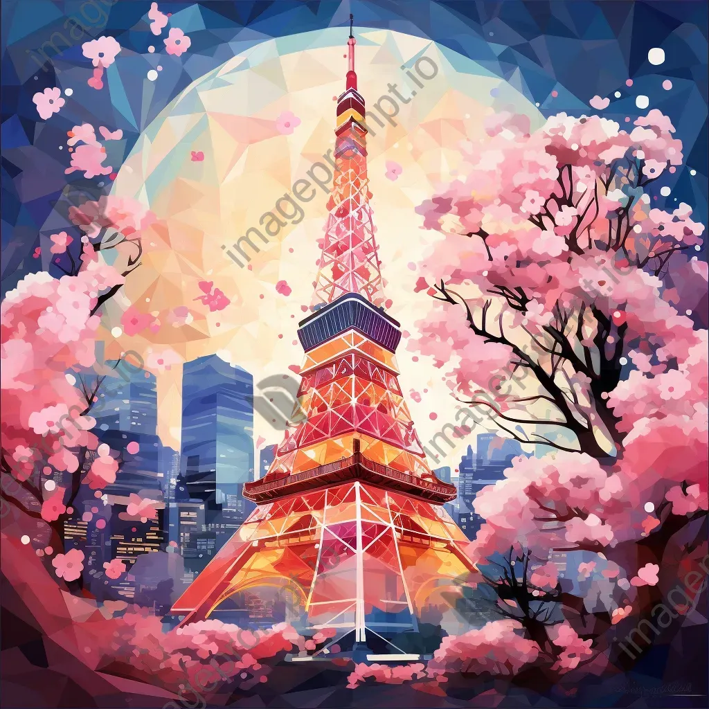 Artistic low poly depiction of Tokyo Tower surrounded by cherry blossoms - Image 3