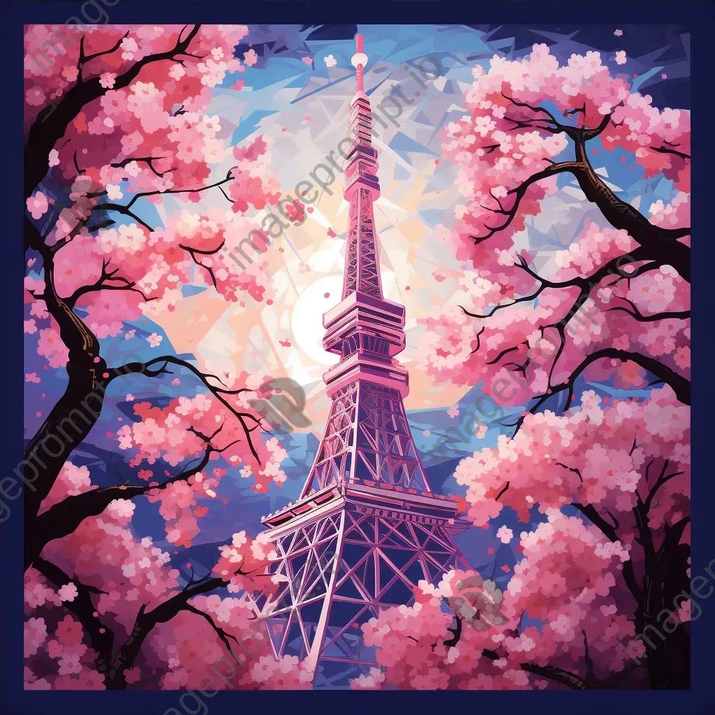 Artistic low poly depiction of Tokyo Tower surrounded by cherry blossoms - Image 4