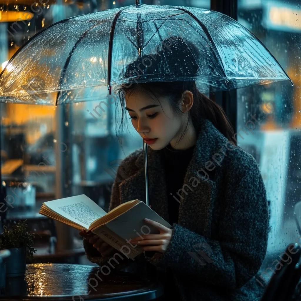 Woman reading a book under a transparent umbrella in the rain - Image 1