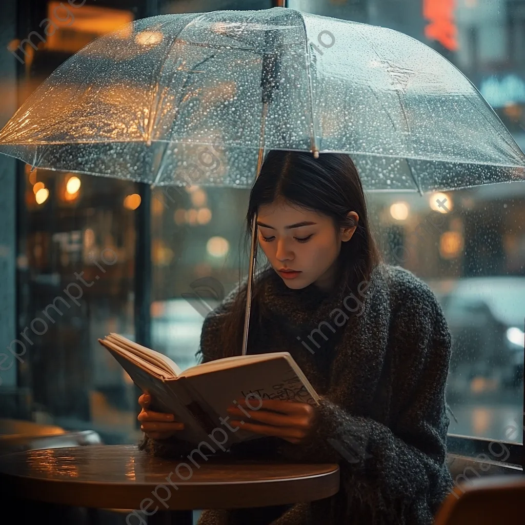 Woman reading a book under a transparent umbrella in the rain - Image 2