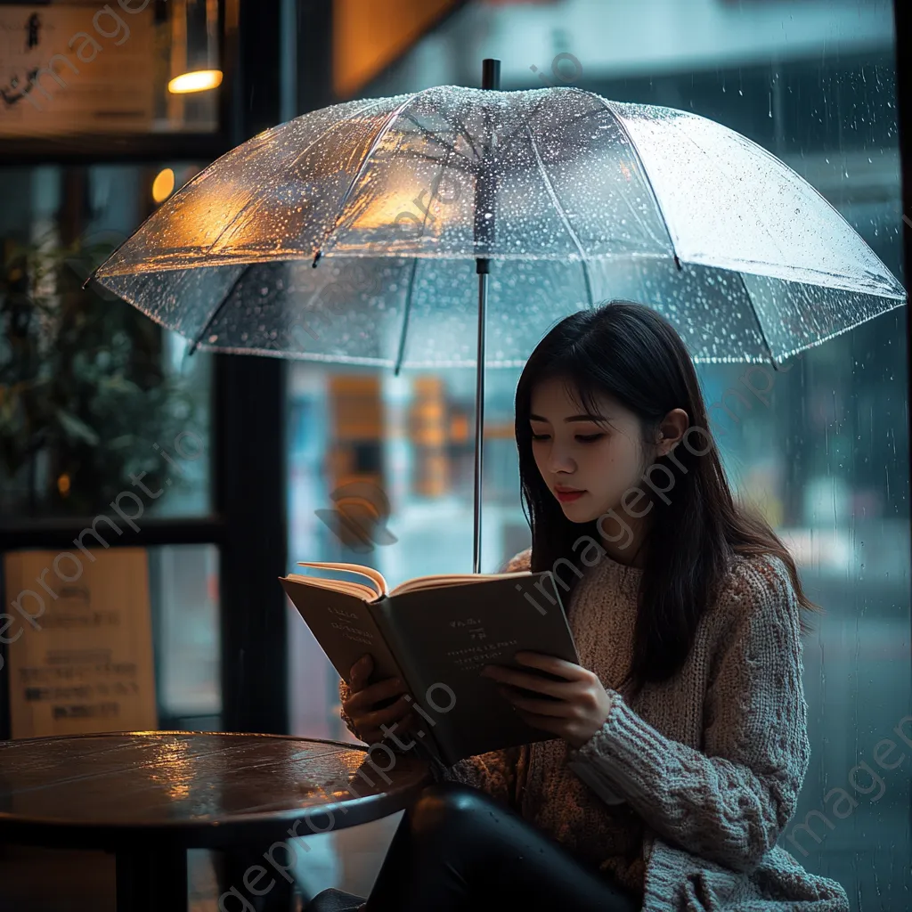 Woman reading a book under a transparent umbrella in the rain - Image 3