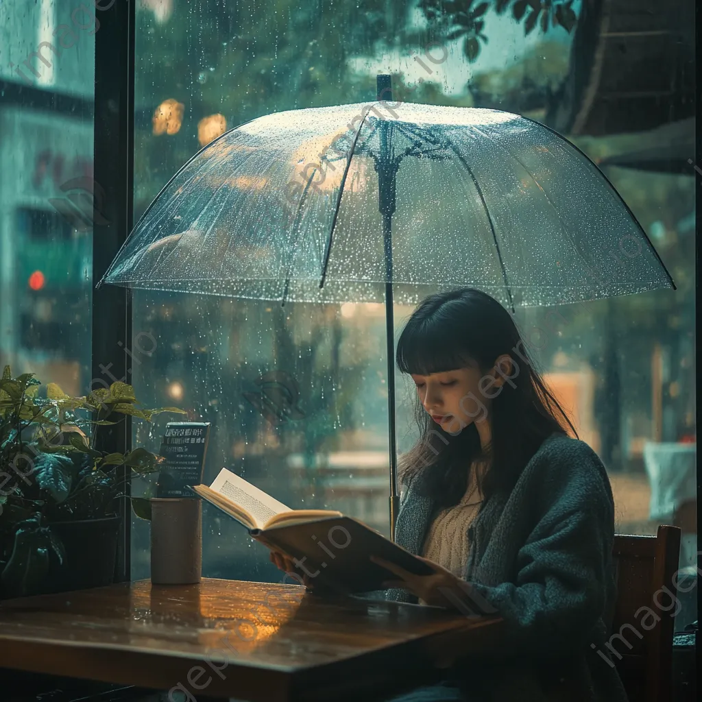 Woman reading a book under a transparent umbrella in the rain - Image 4