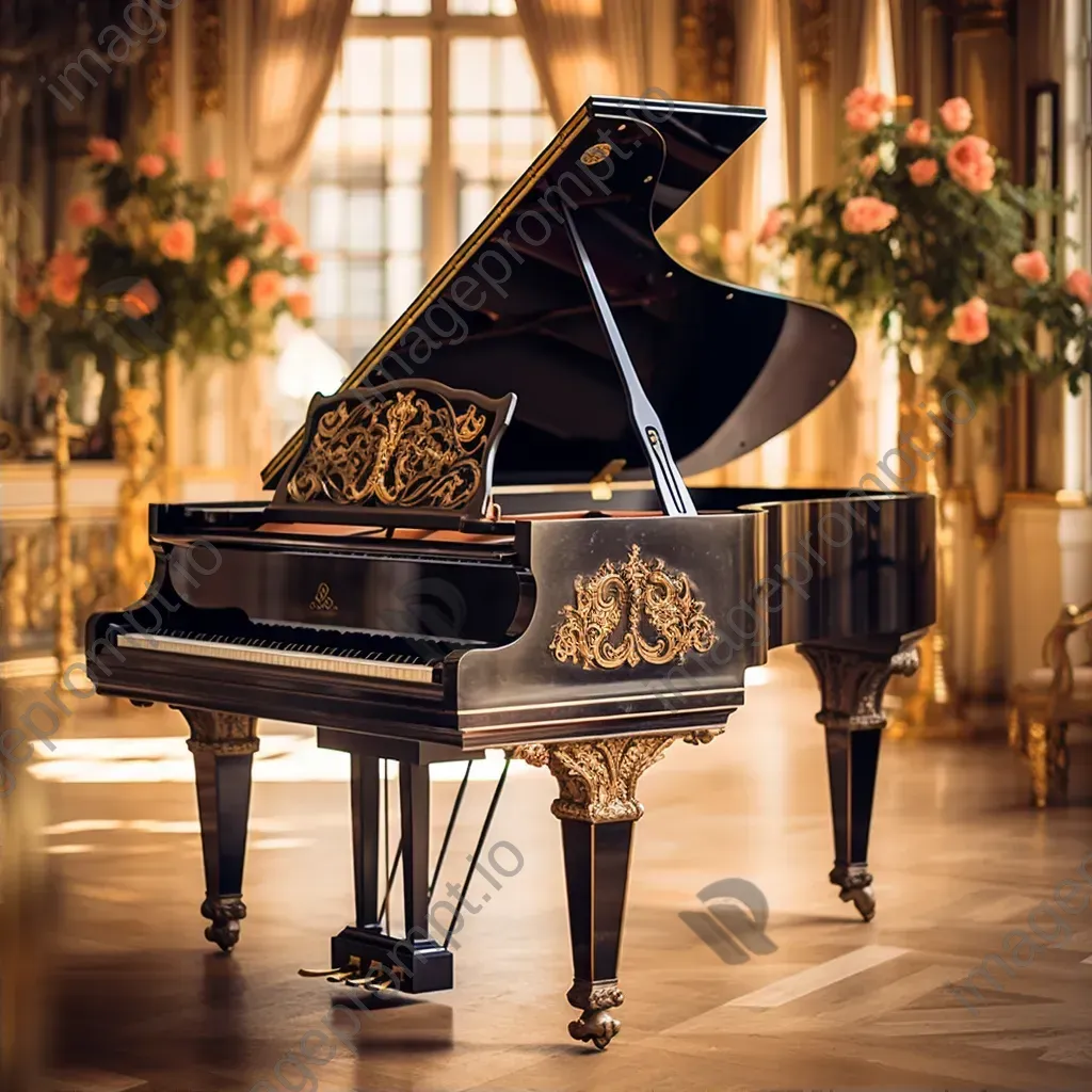 Elegant black grand piano in ornate ballroom with soft golden light - Image 2