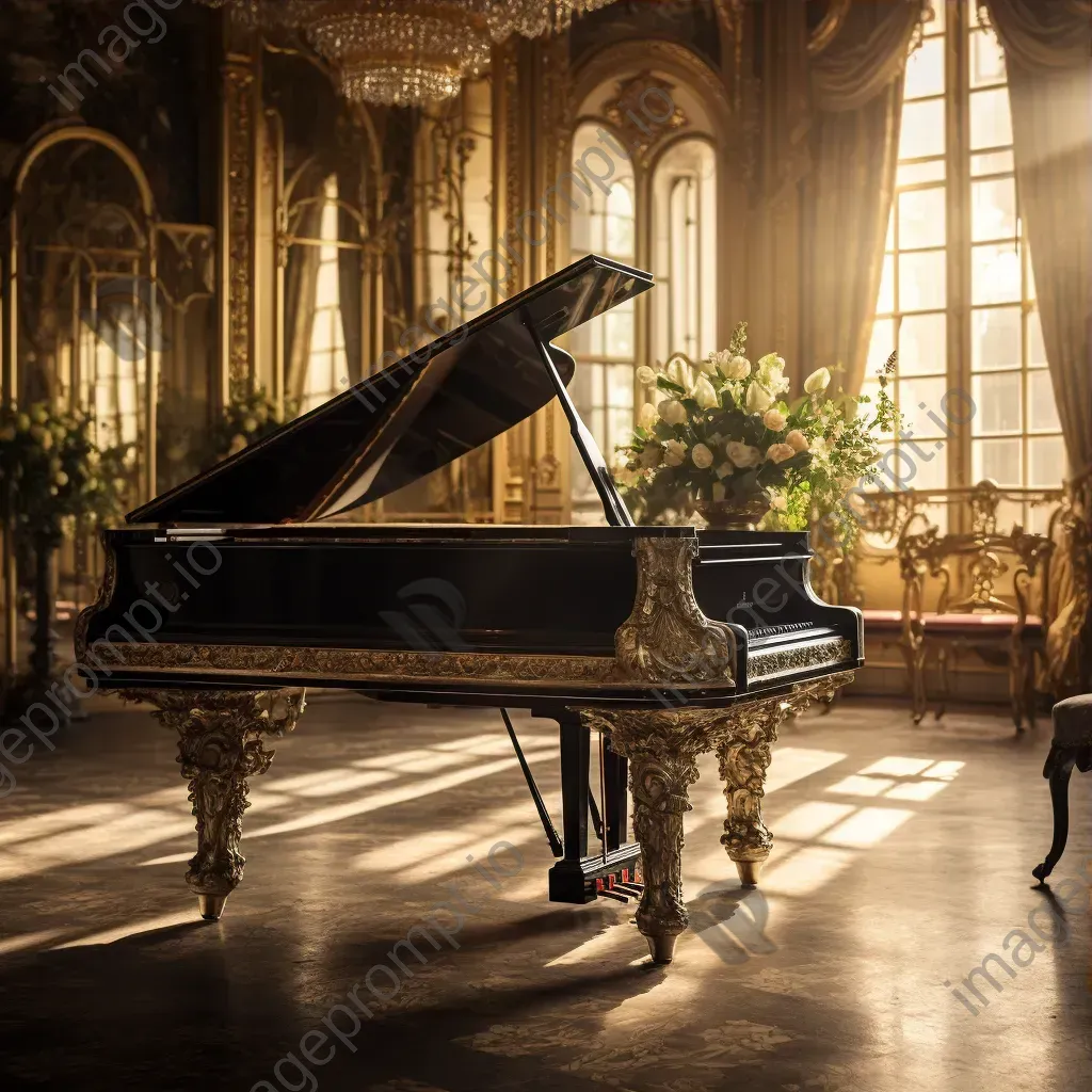 Elegant black grand piano in ornate ballroom with soft golden light - Image 3