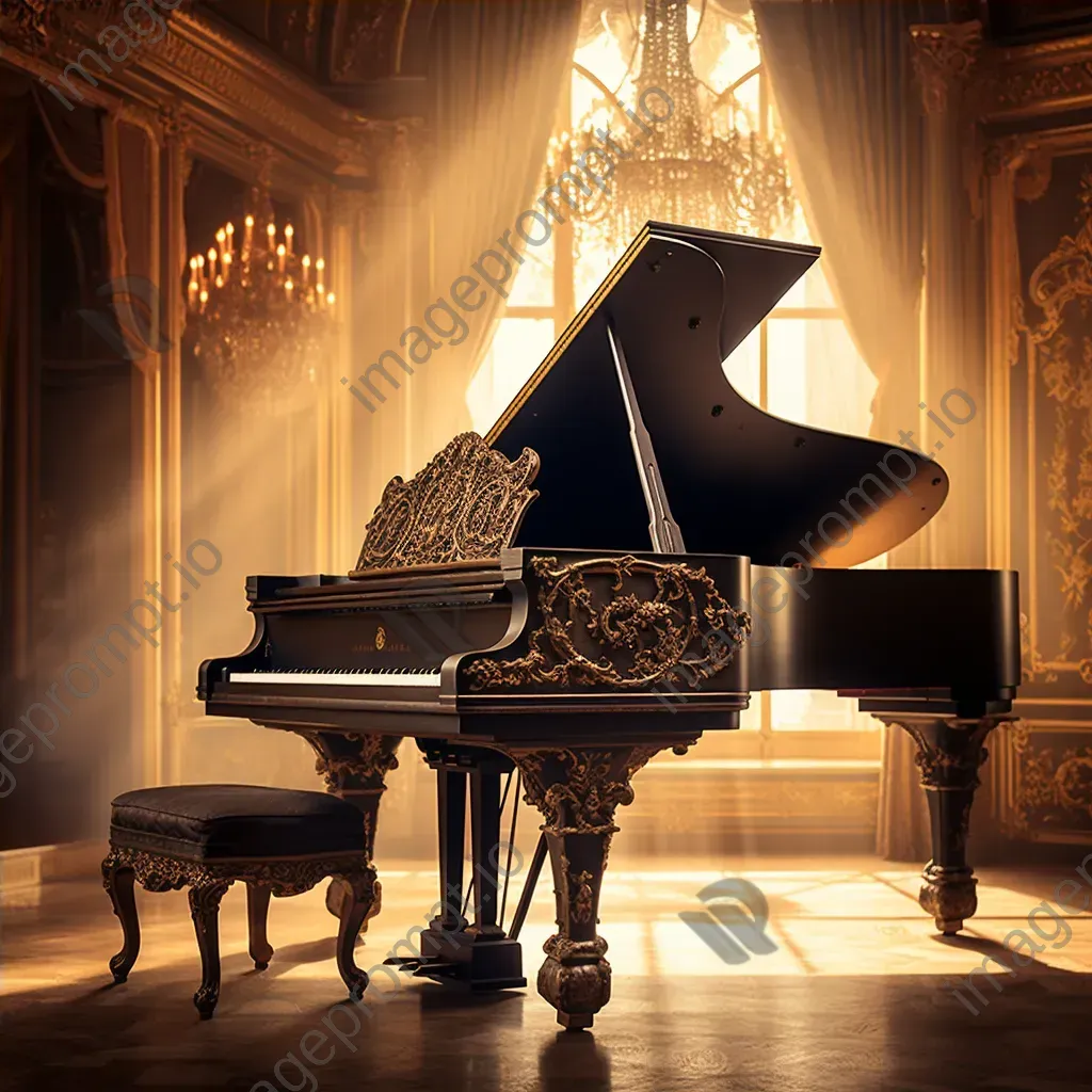 Elegant black grand piano in ornate ballroom with soft golden light - Image 4