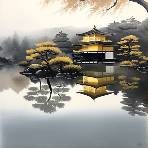 Image of Japanese Kinkaku-ji Golden Pavilion with reflection in pond surrounded by mist - Image 1