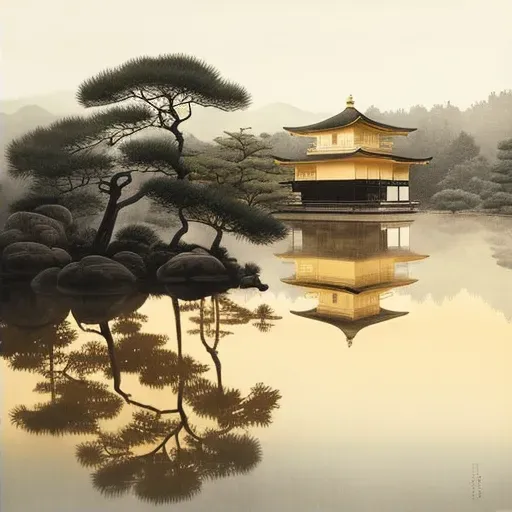 Image of Japanese Kinkaku-ji Golden Pavilion with reflection in pond surrounded by mist - Image 2