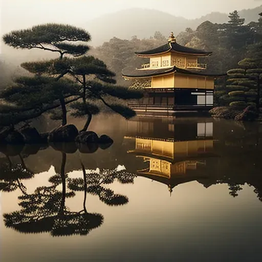 Image of Japanese Kinkaku-ji Golden Pavilion with reflection in pond surrounded by mist - Image 4