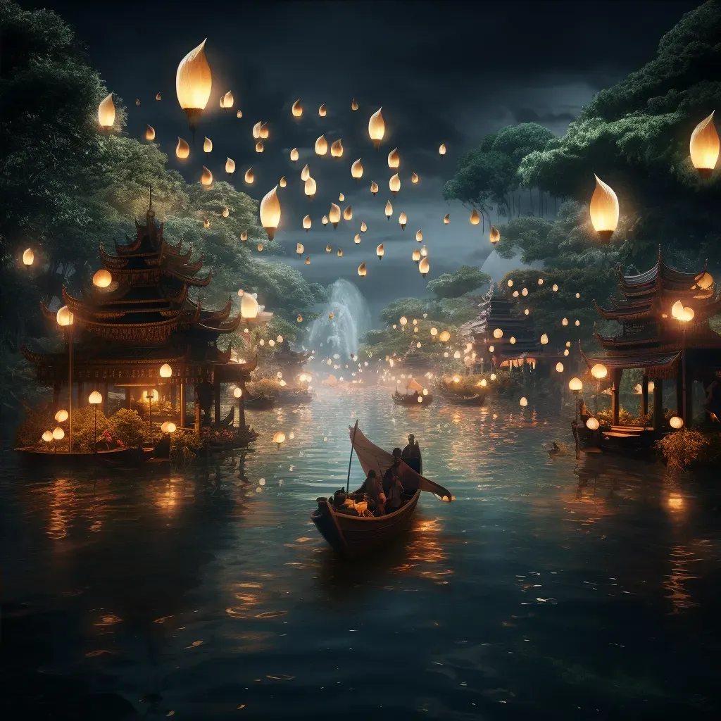 Loi Krathong festival with floating lanterns on river under moonlit sky - Image 4