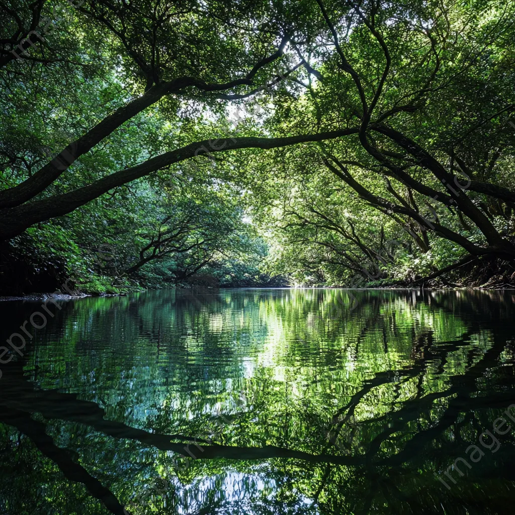 Natural spring with overhanging trees reflecting on the water - Image 2