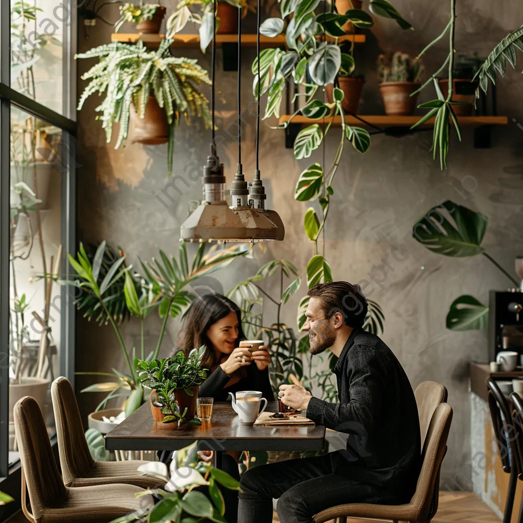 A couple laughing together over coffee in a vibrant café. - Image 1