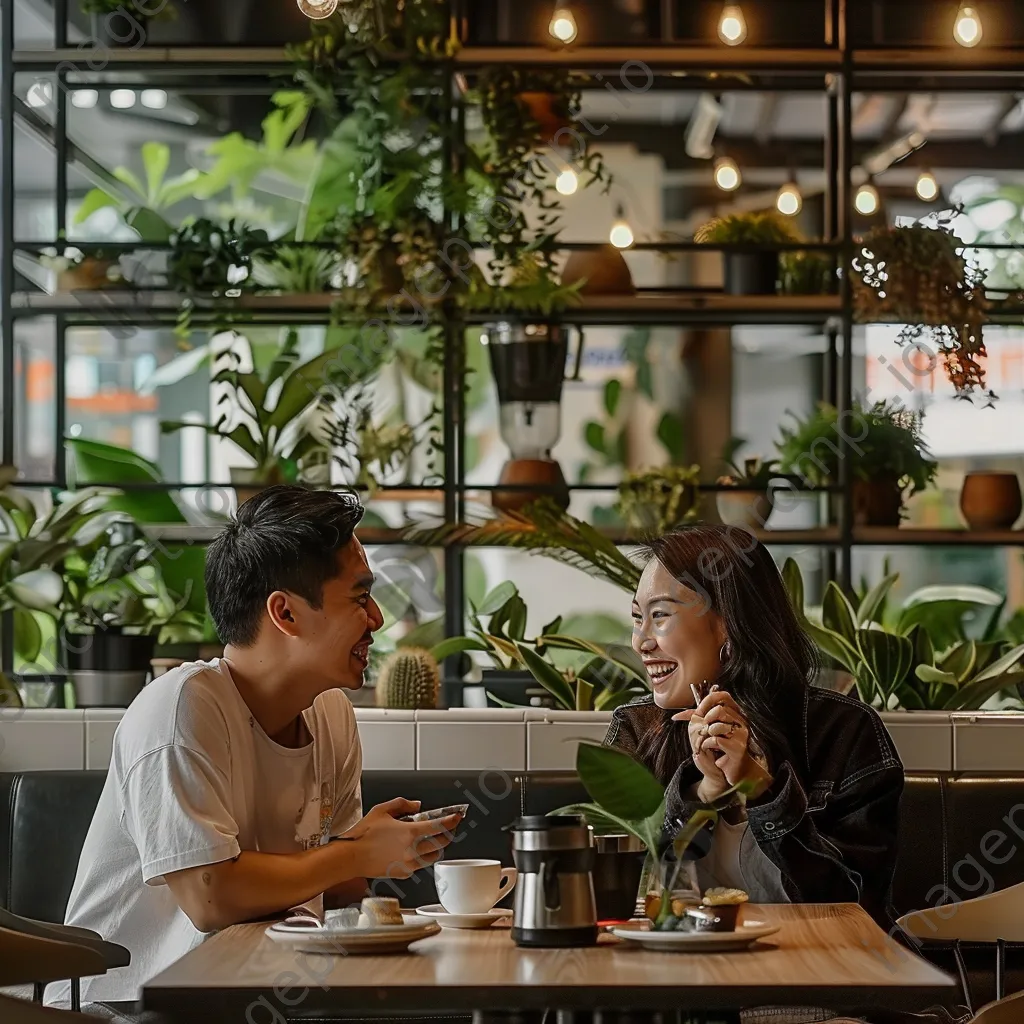 A couple laughing together over coffee in a vibrant café. - Image 2