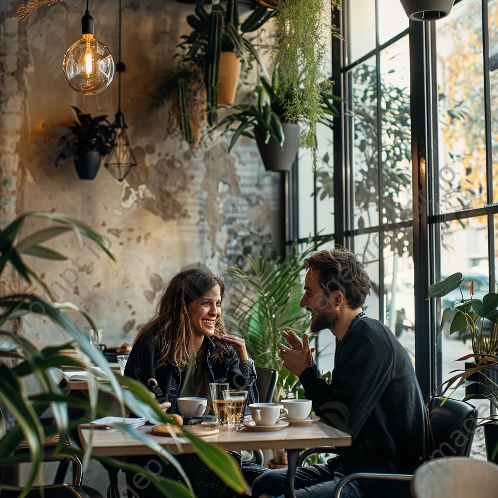 A couple laughing together over coffee in a vibrant café. - Image 3