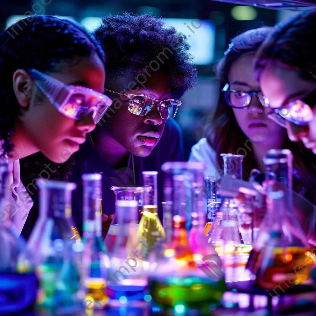 Students working together in a college chemistry lab filled with colorful liquids. - Image 1