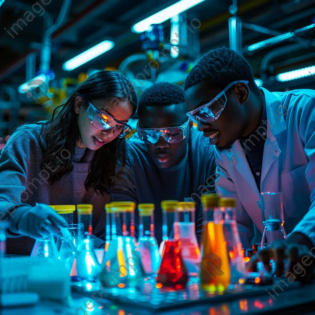 Students working together in a college chemistry lab filled with colorful liquids. - Image 2