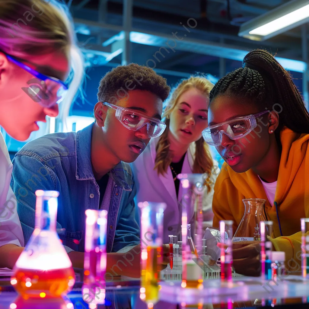 Students working together in a college chemistry lab filled with colorful liquids. - Image 3