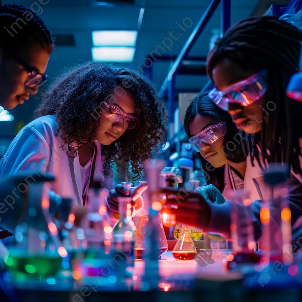 Students working together in a college chemistry lab filled with colorful liquids. - Image 4